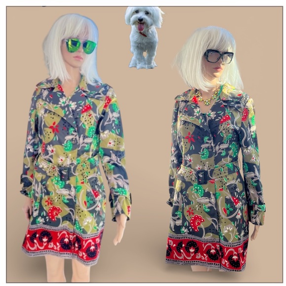 Burberry Prorsum Olive and Red Floral Trench Coat - Picture 7 of 11